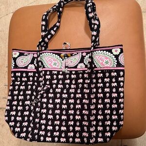 Vera Bradley Stylish Black and Pink Elephant Tote Bag (Vintage/ Retired Print)